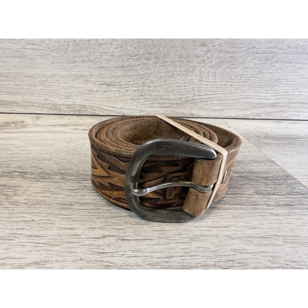 Vintage Aztec Hand Tooled Genuine Leather Belt Mens Size 38 Brown Native